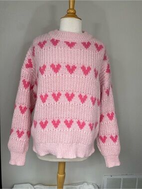 Major Label Group Womens Pink Heart Chunky Knit Sweater Size Large Cottagecore